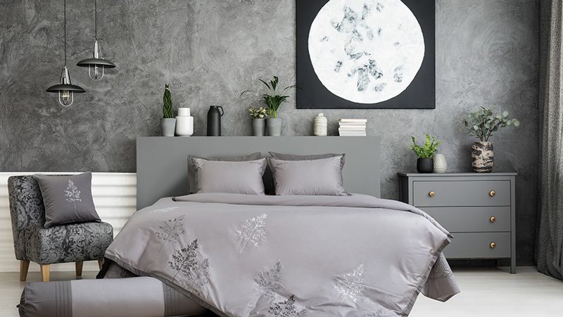 Bộ ga phủ thêu Hanvico BSM103 có màu ghi và xám chủ đạo Bộ ga phủ thêu Hanvico BSM103 có màu ghi và xám chủ đạo